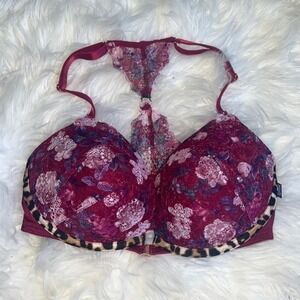 Pink Victoria's Scret push Up Bra 32DD Racerback front clasp floral lace